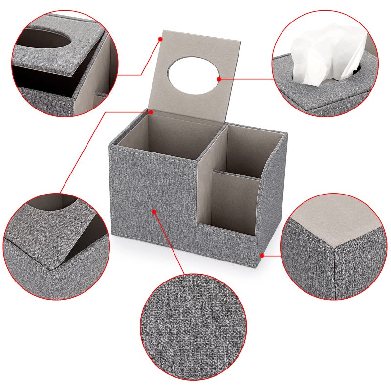 Sumnacon Square Linen Tissue Box Cover - Decorative Cube Tissue Box Holder with Side Organizer  Modern Tissue Box for Living Room Vanity Night Stand Table Countertop Office  Grey - Image 4